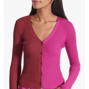 Staud Cargo Colorblock Sweater Button Front Rib Knit Fuschia Burgundy Size Small